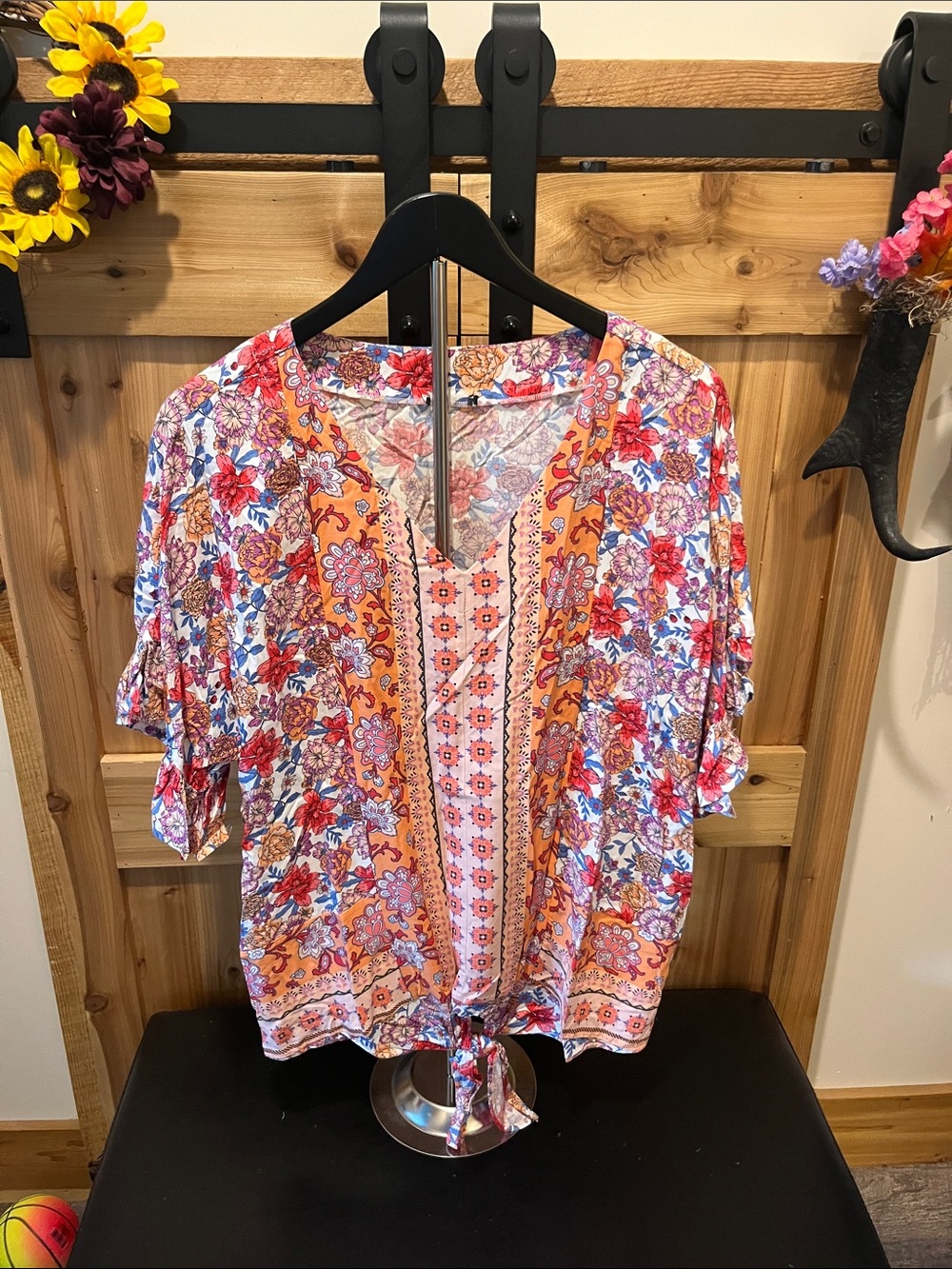 Boho Tie-Front Floral Blouse - Peach Multi